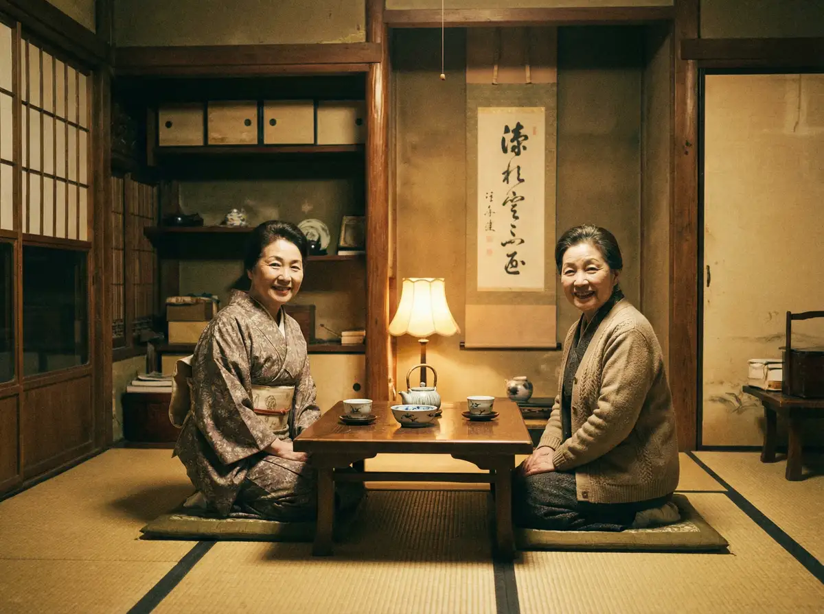 两位优雅的 人妻 在日式茶室中品茶交谈